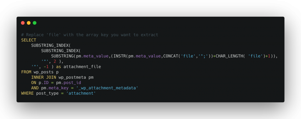 Screenshot of code to select array value from serialized array data in MySQL